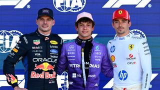 Kimi Antonelli of Mercedes, Max Verstappen of Red Bull and Charles Leclerc of Ferrari at the 2026 Miami Grand Prix