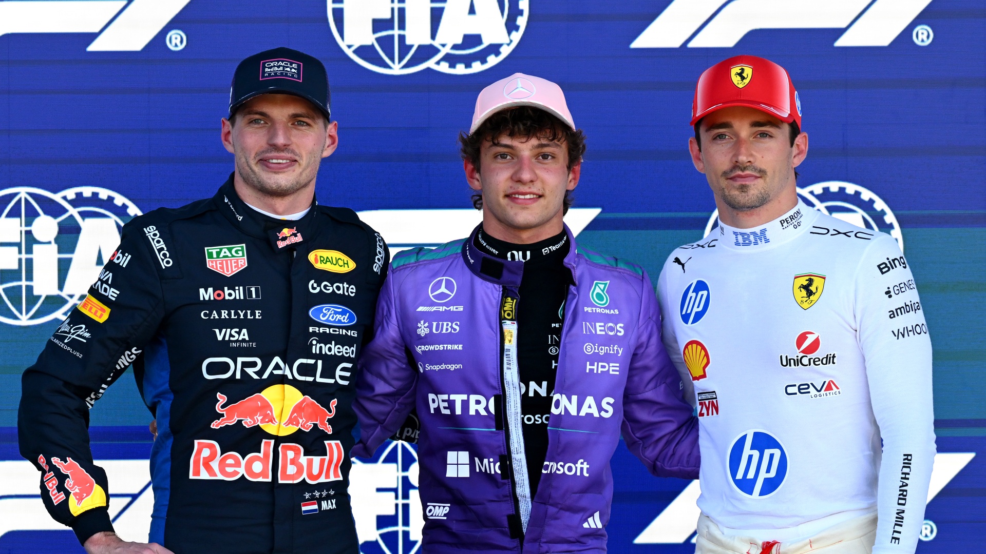 Kimi Antonelli of Mercedes, Max Verstappen of Red Bull and Charles Leclerc of Ferrari at the 2026 Miami Grand Prix