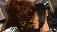 Lae'zel and Shadowheart from Baldur's Gate 3 share a romantic kiss.