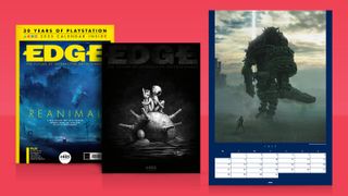 A product shot of Edge Magazine issue 405, showing two covers for Reanimal and a Shadow of Colossus spread from its "30 years of PlayStation" calendar