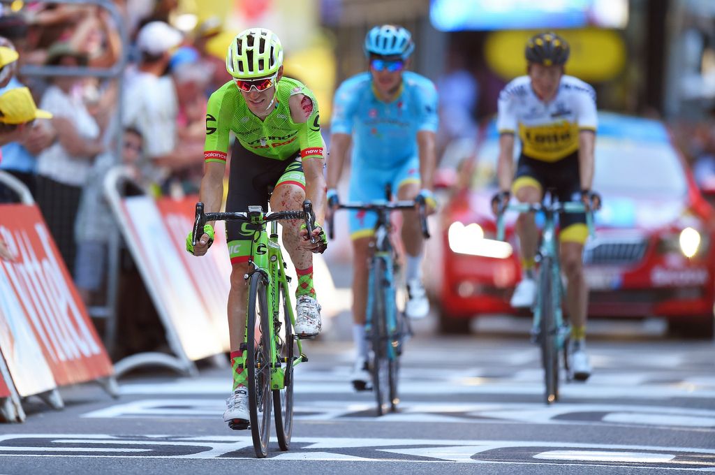 A blood-splattered Pierre Rolland finishes the stage in Luchon