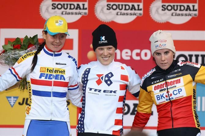 Scheldecross elite women's podium (L-R): Nikki Harris, Katie Compton and Sanne Cant