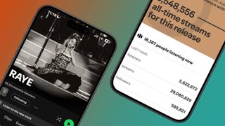 Two smartphones showing Raye's Spotify artist page and a stats page from the Spotify For Artists app
