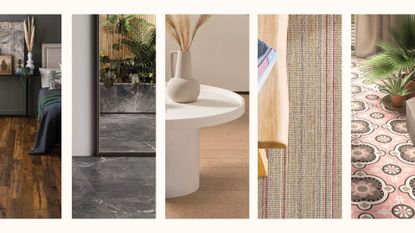 Compilation image showing five different floors with striped carpet, textured neutral, Herringbone wood and stone tiles to highlight key flooring trends 2023