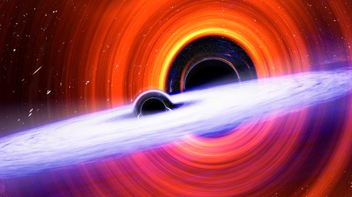 An illustration of two black holes with glowing disks around them.