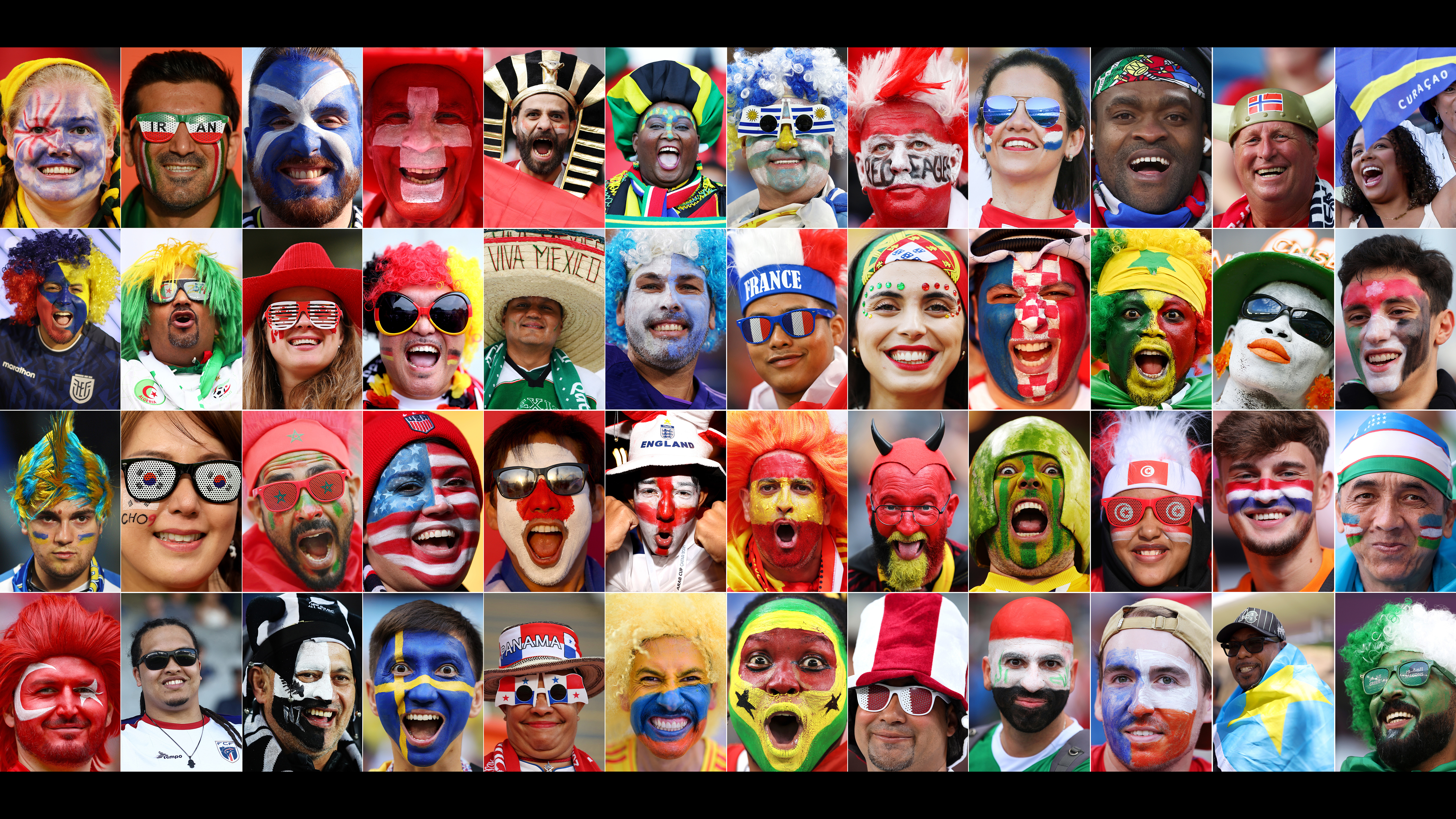 This composite image shows a fan of each of the 48 national teams taking part in the 2026 World Cup in the USA, Mexico and Canada. (Photo by Getty Images)