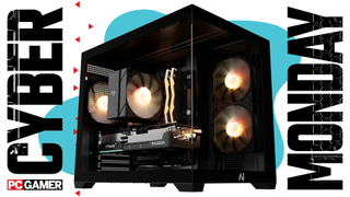 A gaming PC on a blue Cyber Monday background.