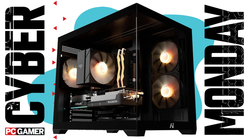 A gaming PC on a blue Cyber Monday background.