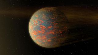 An illustration of a hot, rocky exoplanet. The planet's surface is gray with orange marbling the surface