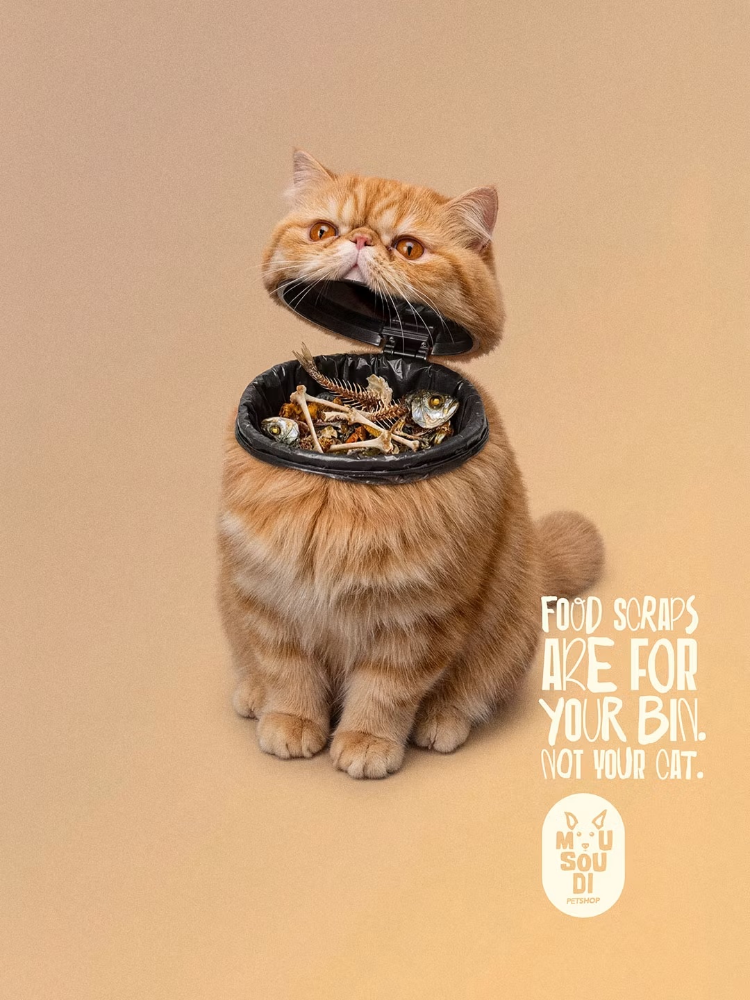Posters of pets with bins for mouths