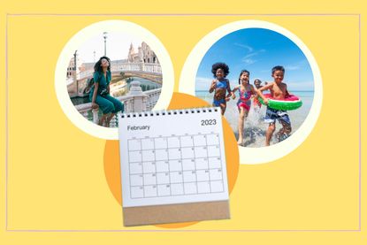 a collage showing a calendar with February 2023 on it, a woman on holiday in Seville and a group of kids playing in the Caribbean sea 