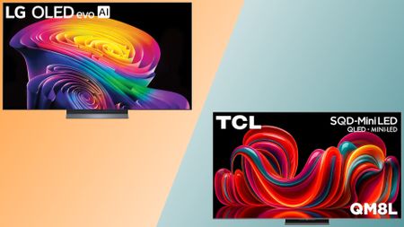 The LG C6 OLED and the TCL QM8L SQD Mini-LED TV in a side-by-side composite
