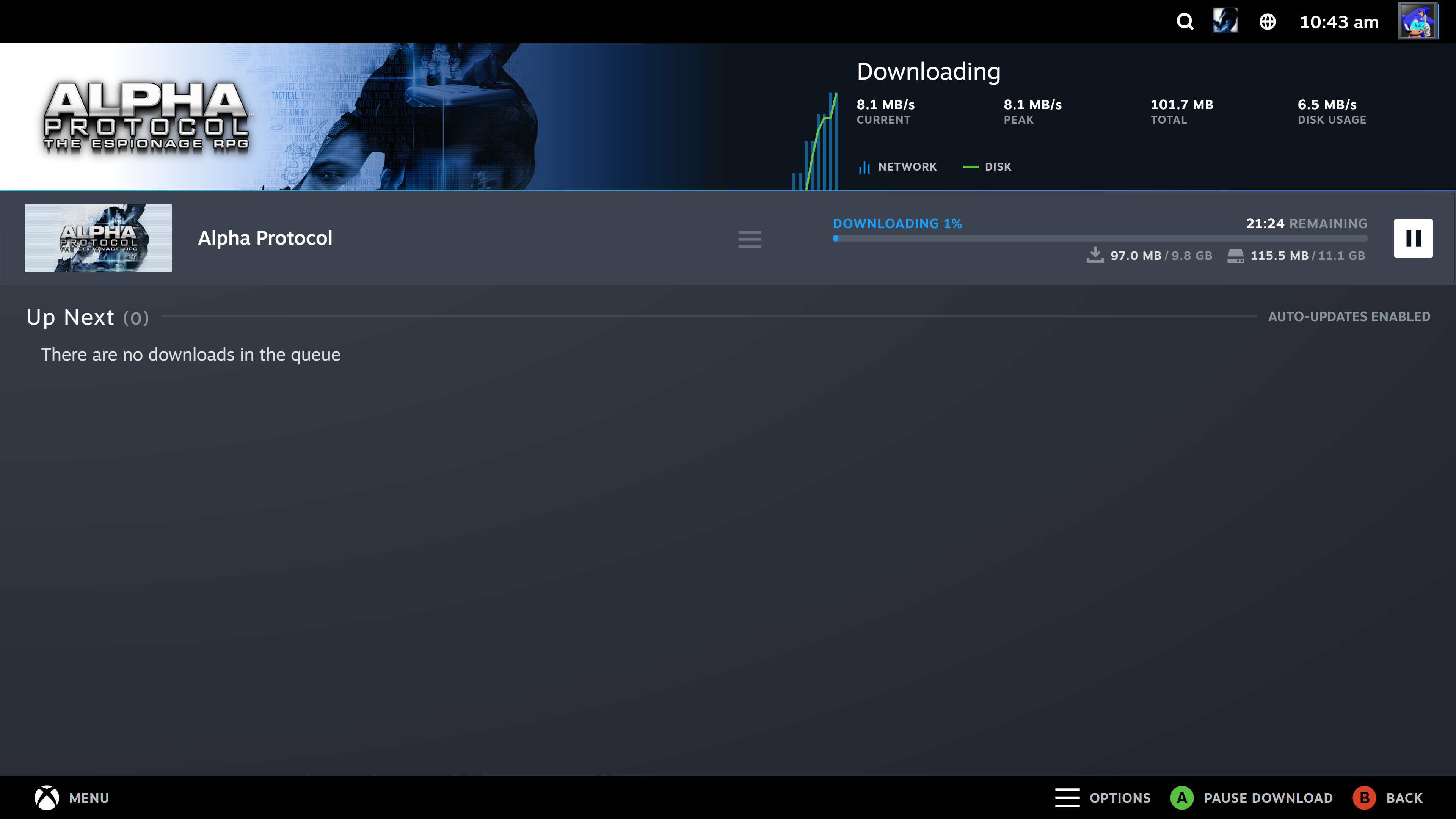 The Steam Big Picture UI showing an ongoing download for Alpha Protocol.