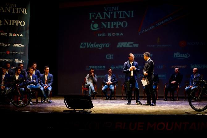Italian national team coach Davide Cassani speaks to guests at the team presentation