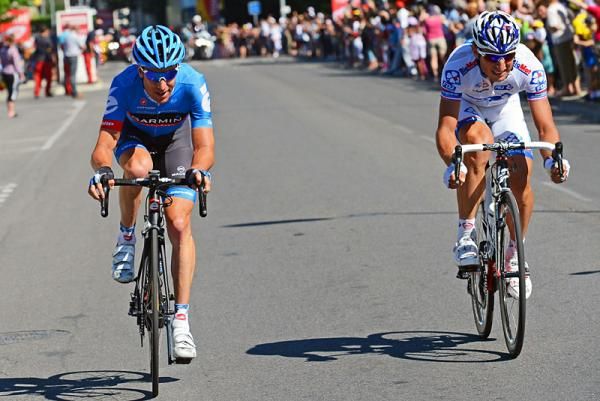 Christian Vande Velde (Garmin-Sharp) and Pierrick F&eacute;drigo (FDJ-BigMat) at the head of the race in the closing kilometres of stage 15.