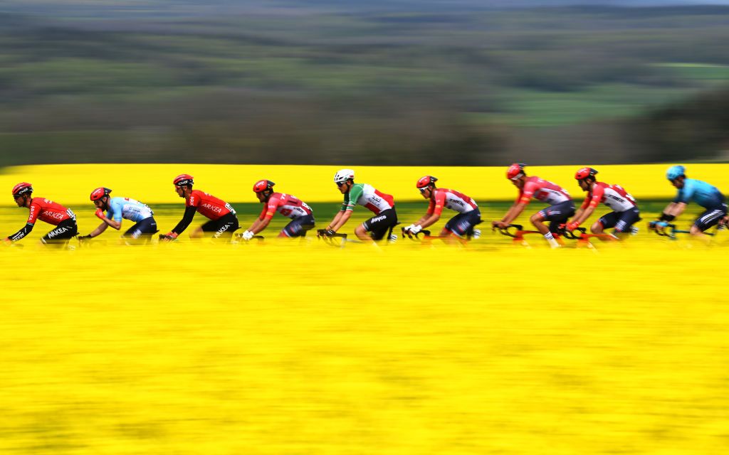GENVE SWITZERLAND APRIL 30 LR Julien Bernard of France and Team TrekSegafredo Blue Mountain Jersey Filippo Zana of Italy and Team JaycoAlUla and a general view of the peloton competing during the 76th Tour De Romandie 2023 Stage 5 a 1708km stage from VufflenslaVille to Genve UCIWT on April 30 2023 in Genve Switzerland Photo by Dario BelingheriGetty Images