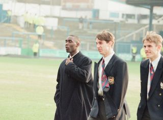 Reading 0-3 Manchester United, FA Cup 4th Round match at Elm Park, Saturday 27th January 1996. Pre match scenes, pictured, Andrew Cole, Gary Neville and Phil Neville.