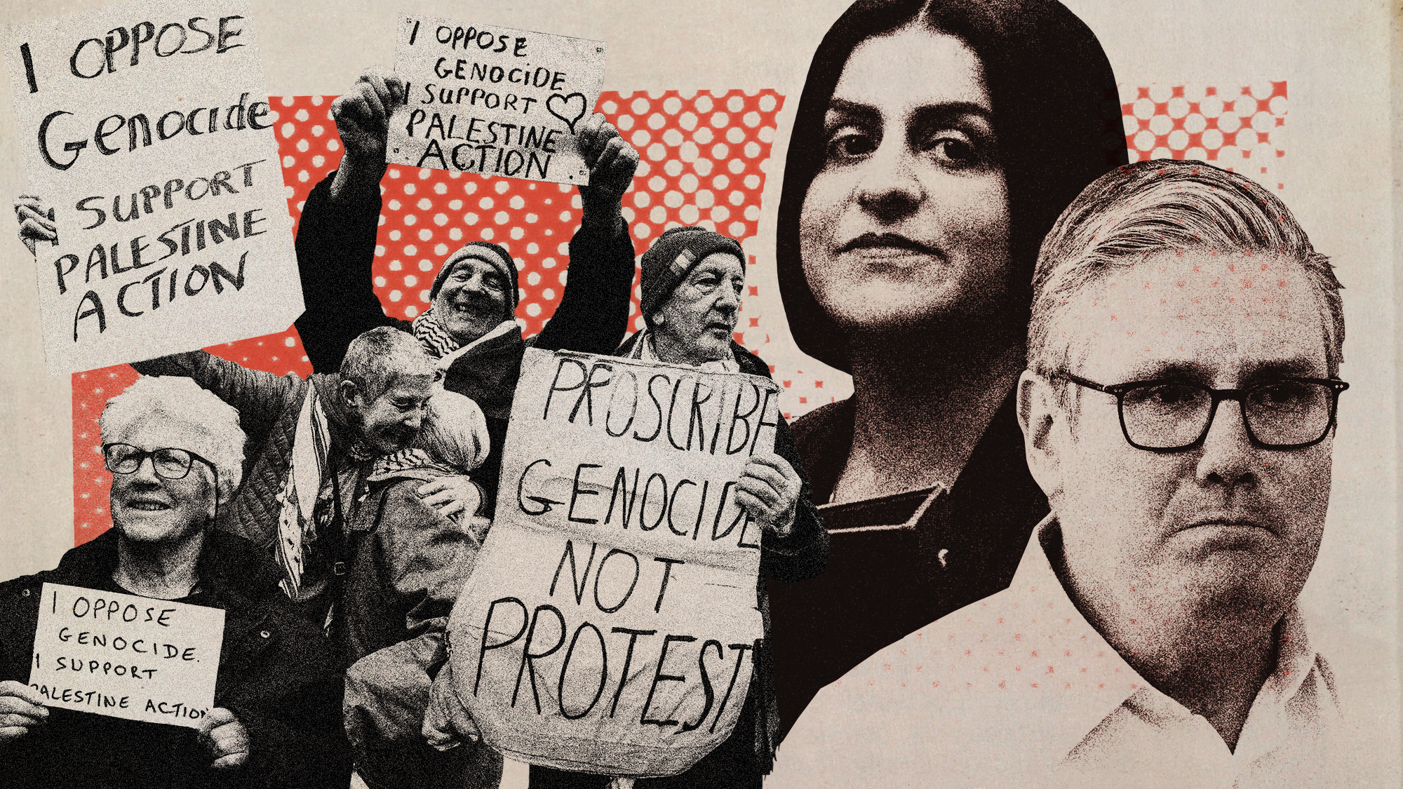 Photo collage of people protesting against the Palestine Action proscription, Shabana Mahmood and Keir Starmer
