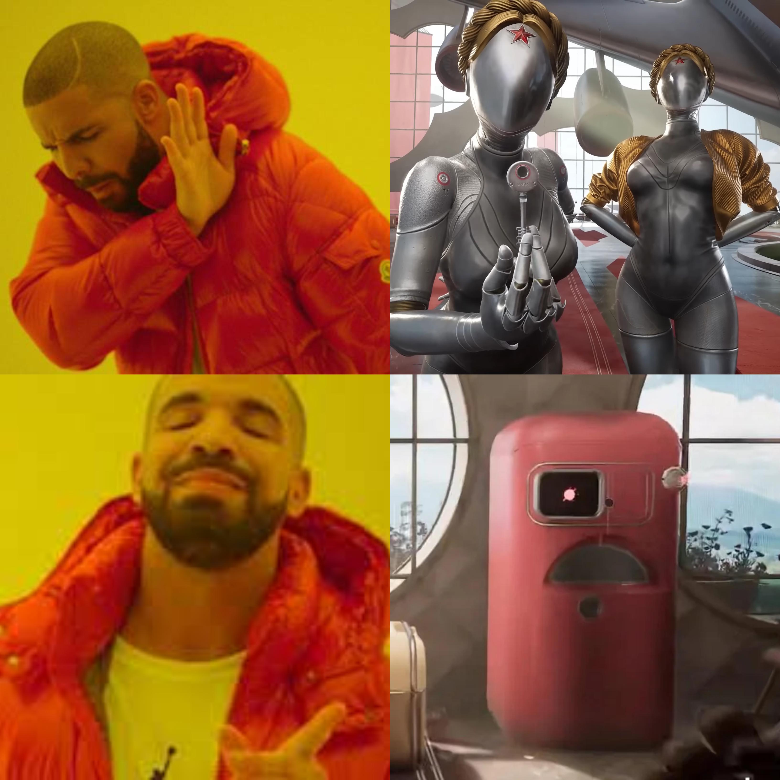 A popular meme format repurposed to feature Atomic Heart's refrigerator as a favorable outcome.