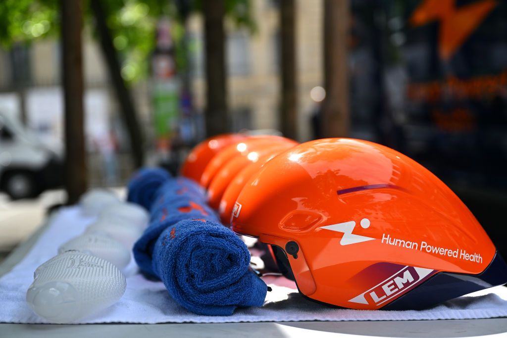 ST QUENTIN FRANCE MAY 18 Helmets of Chad Haga of Team Human Powered Health prior to the 67th 4 Jours de Dunkerque Grand Prix des Hauts de France 2023 Stage 3 a 159km Individual time trial in SaintQuentin on May 18 2023 in St Quentin France Photo by Luc ClaessenGetty Images
