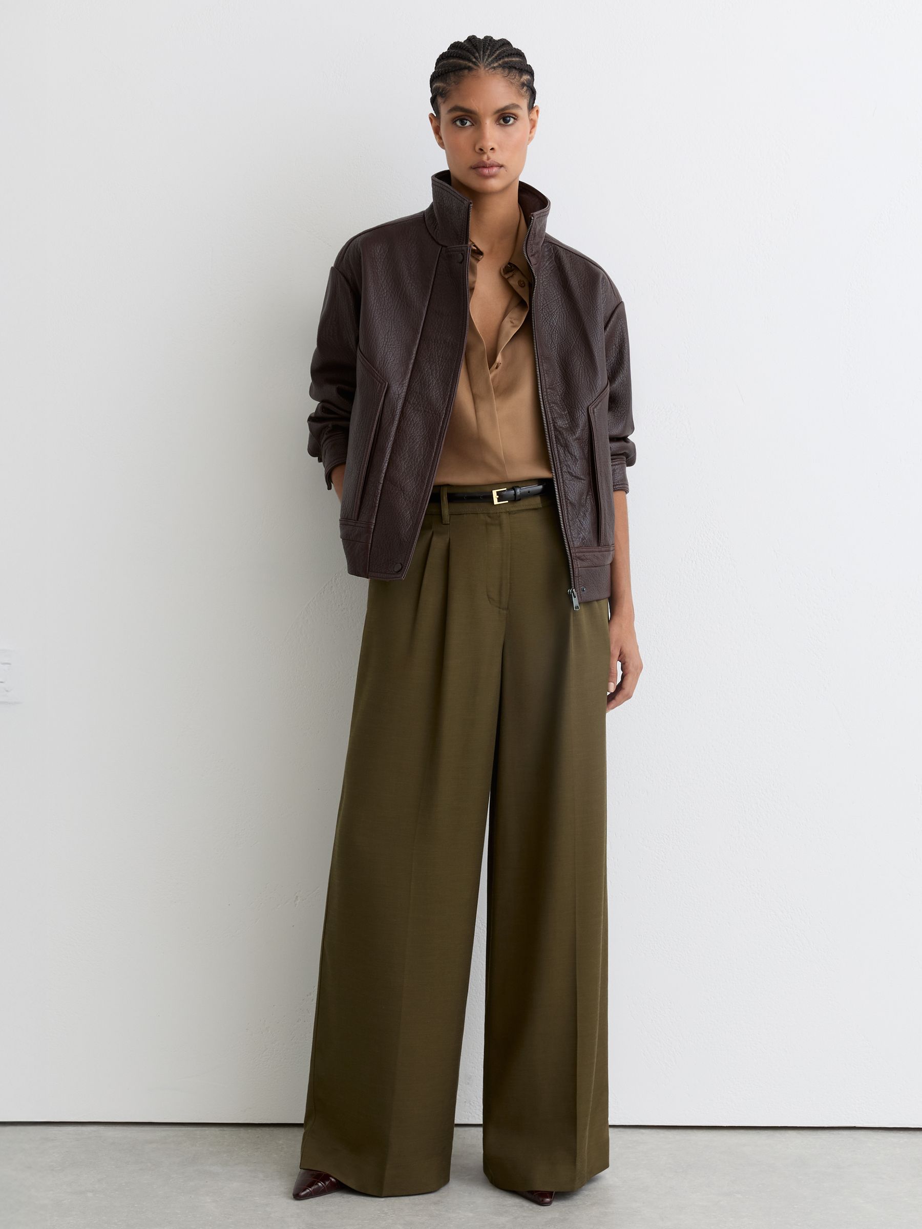 Khaki green wide leg pleated trousers