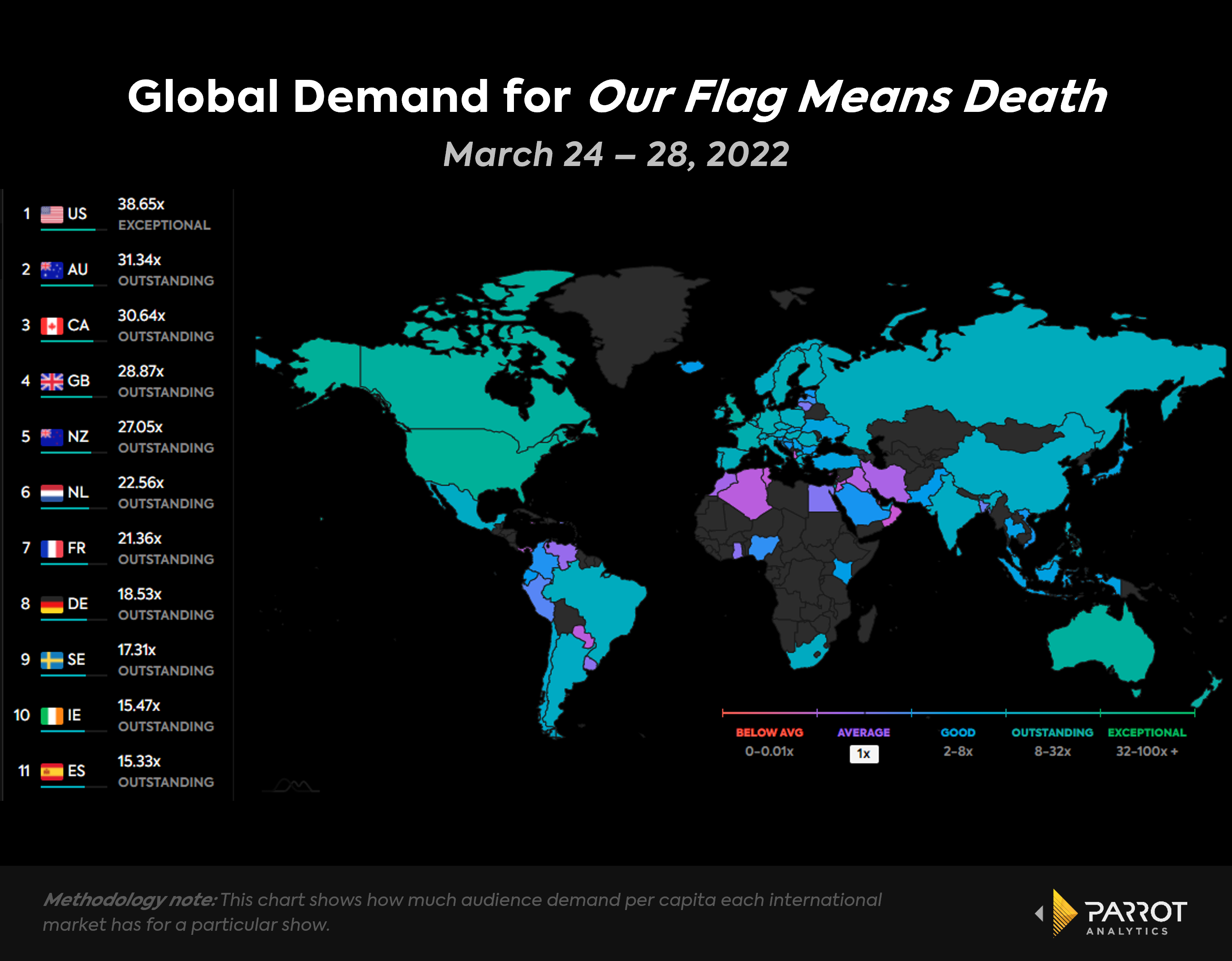 Notre carte mondiale montrant la demande du public pour l'émission HBO Max Our Flag Means Death