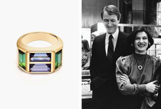 Left, ‘Paloma’s Studio’ baguette ring in gold with tanzanite and green tourmalines. Right, Paloma Picasso & former Tiffany & Co.