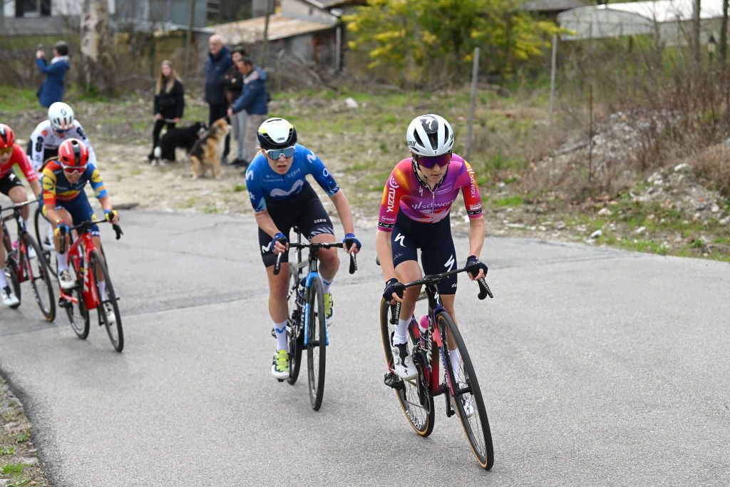 CITTIGLIO ITALY MARCH 17 LR Mareille Meijering of The Netherlands and Movistar Team and Niamh FisherBlack of New Zealand and Team SD WorxProtime compete during the 25th Trofeo Alfredo BindaComune di Cittiglio 2024 Womens Elite a 1405km one day race from Maccagno con Pino e Veddasca to Cittiglio UCIWWT on March 17 2024 in Cittiglio Italy Photo by Dario BelingheriGetty Images