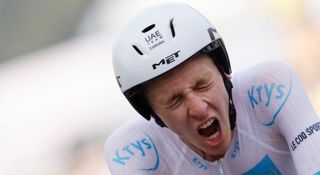 TOPSHOT Team UAE Emirates rider Slovenias Tadej Pogacar wearing the best youngs white jersey crosses the finish line at the end of the 20th stage of the 107th edition of the Tour de France cycling race a time trial of 36 km between Lure and La Planche des Belles Filles on September 19 2020 Photo by Christophe Ena various sources AFP Photo by CHRISTOPHE ENAAFP via Getty Images