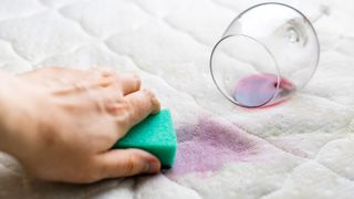 How to clean a mattress: a person scrubs at a red wine stain on a mattress