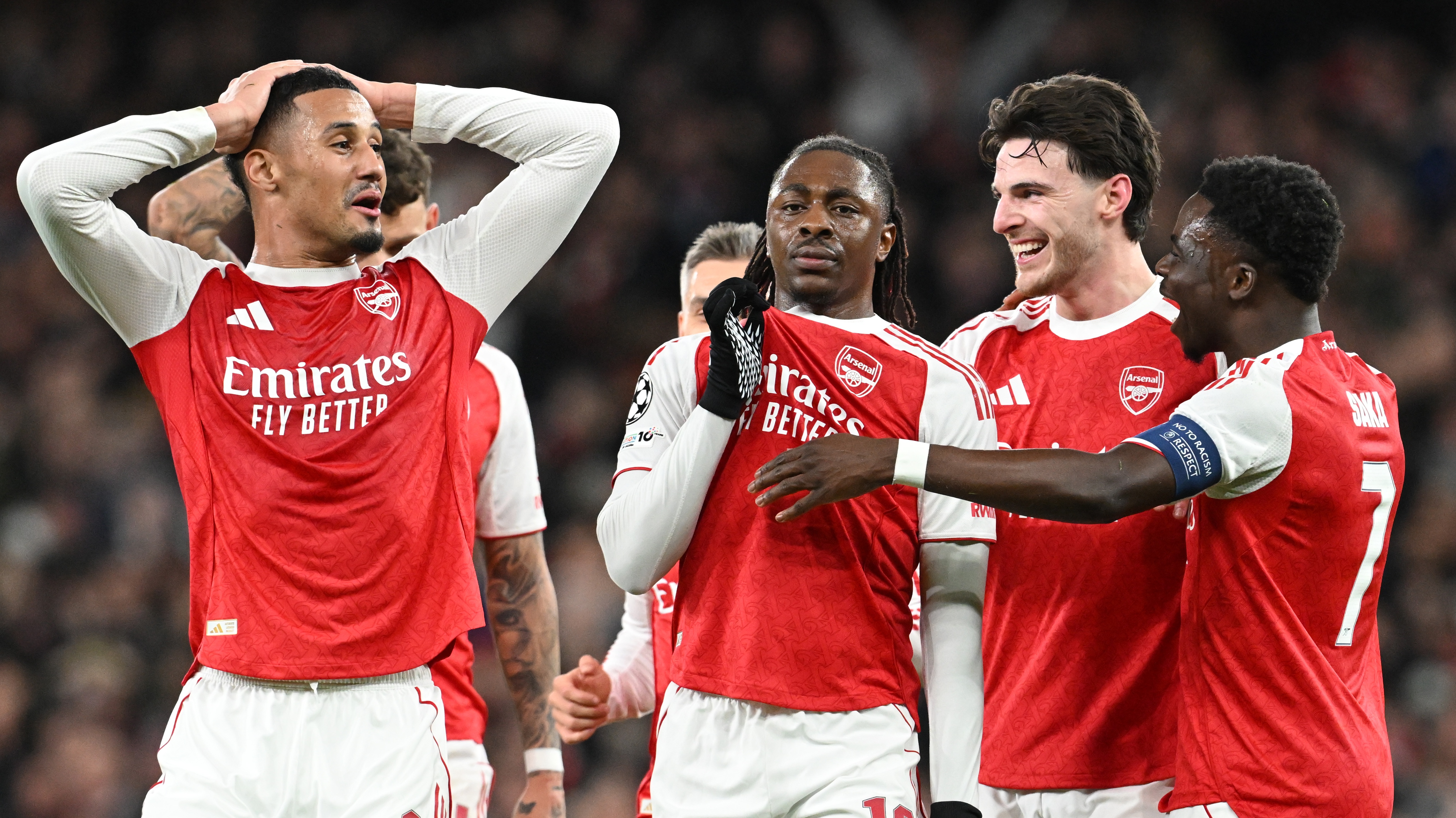 Eberechi Eze celebrates scoring the 1st Arsenal goal during the UEFA Champions League 2025/26 Round of 16 Second Leg match between Arsenal FC and Bayer 04 Leverkusen at Arsenal Stadium on March 17, 2026 in London, England. 