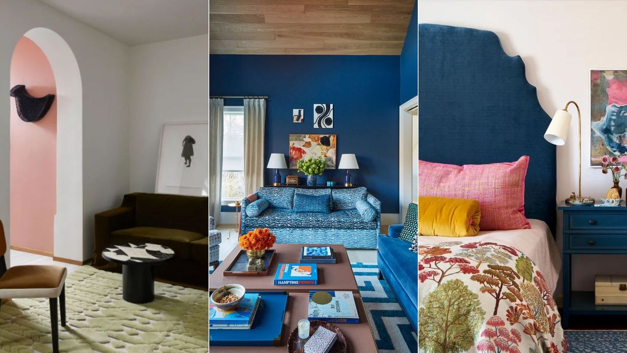 pink and green living room, dark blue living room. bedroom with pink and orange bedding