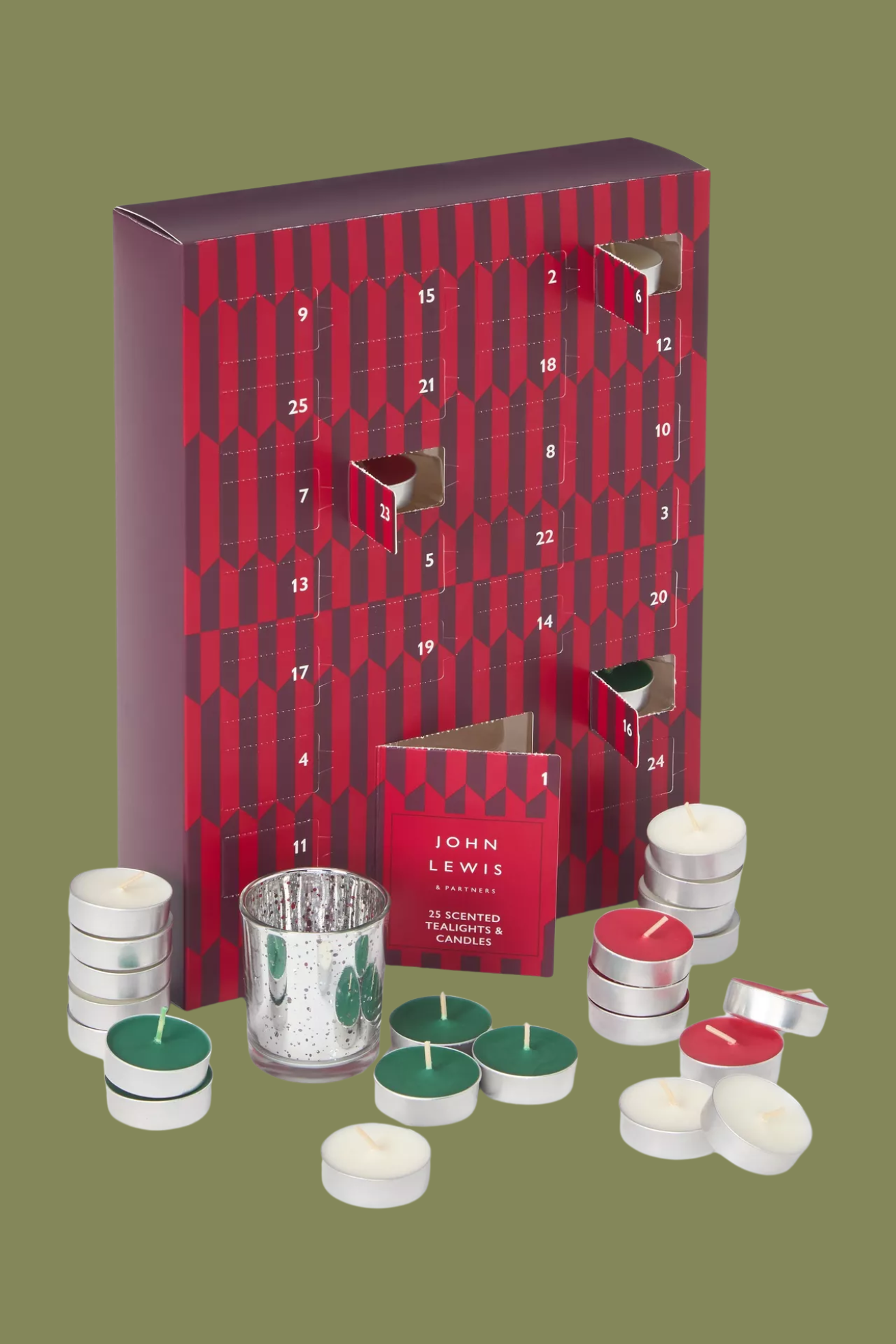 A green, red, and white tealight candle advent calendar