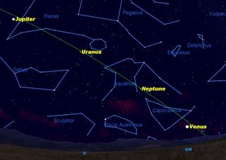 At 5 p.m. tonight, Dec. 21, Venus and Jupiter dominate the sky; Uranus and Neptune are visible between them with a small telescope. 