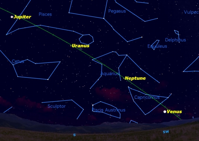 At 5 p.m. tonight, Dec. 21, Venus and Jupiter dominate the sky; Uranus and Neptune are visible between them with a small telescope. 