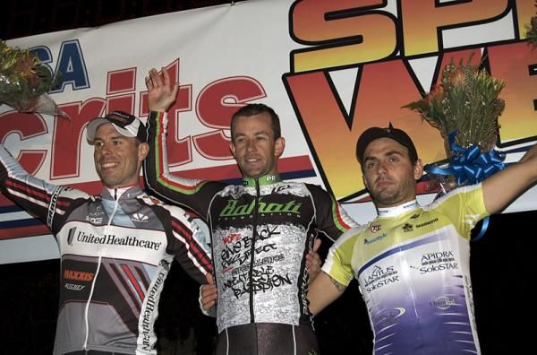 The men's podium (l-r): Karl Menzies (UnitedHealthcare p/b Maxxis), 2nd; Hilton Clarke (OUCH-Bahati Foundation Pro Cycling), 1st; Alexey Schmidt (Team Type 1), 3rd.