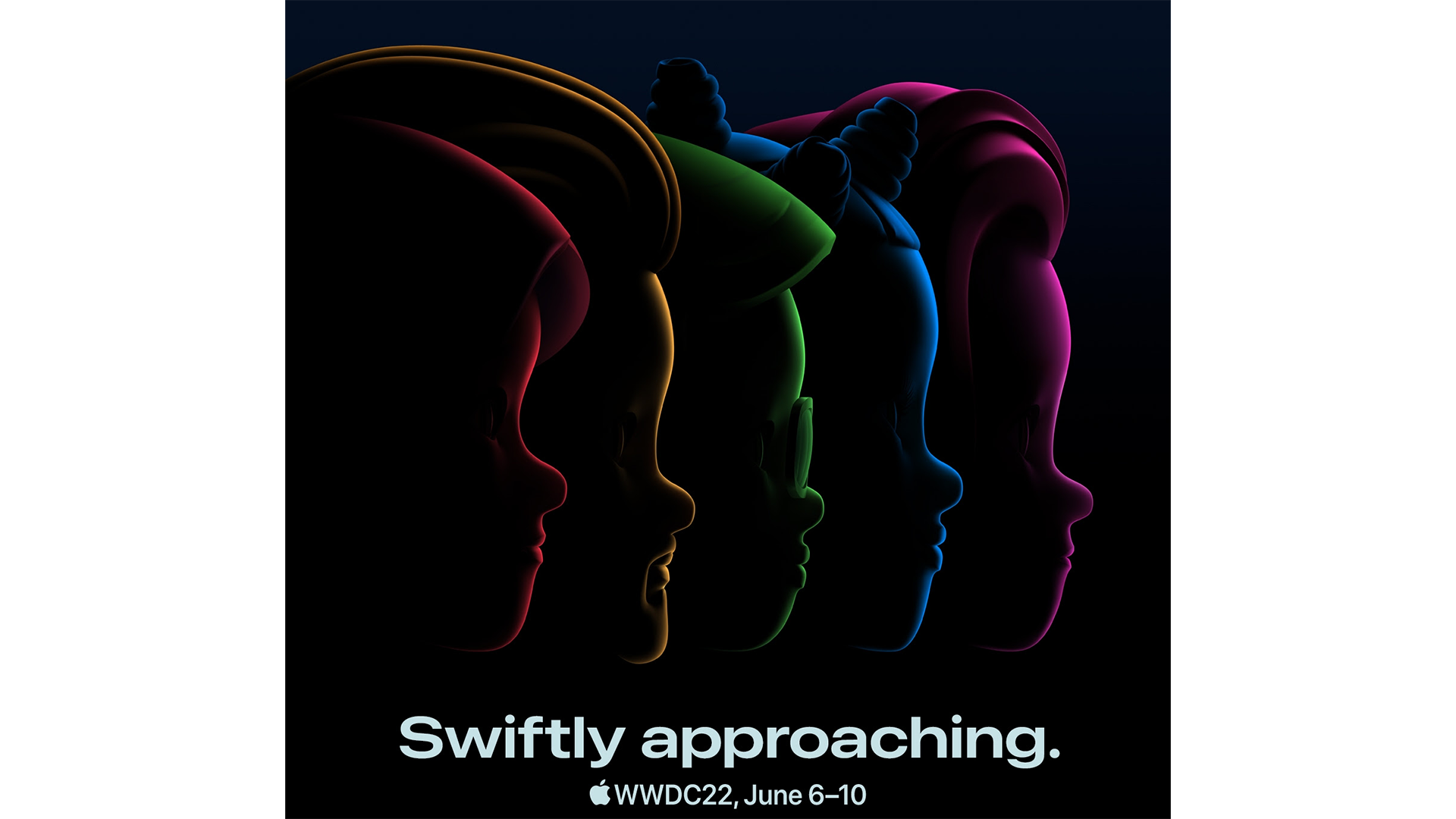 WWDC 2022 Keynote invite, showing five animoji's