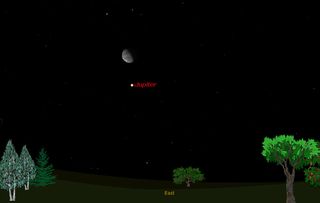 This sky map shows how Jupiter and the moon will appear together overnight on Aug. 19 and 20, 2011 in the eastern night sky as viewed from mid-northern 