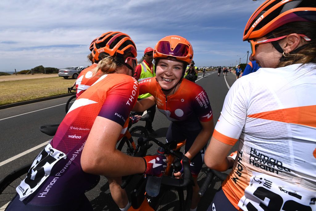 Daria Pikulik celebrates winning stage 1 of the Women's Tour Down Under