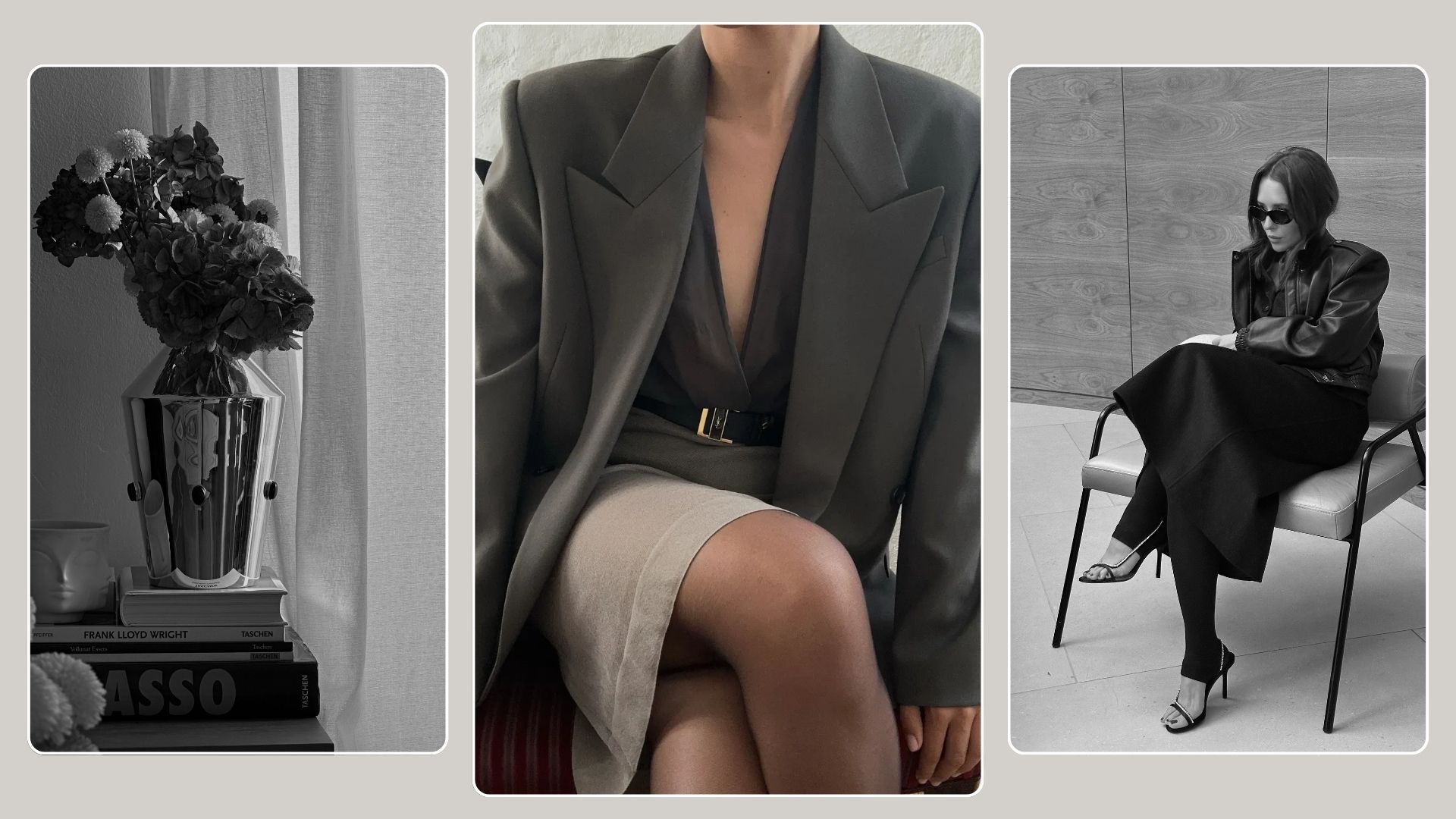 A collage of black and white imagery, including a stylish vase of flowers, a women wearing a blazer and a woman sat on a chair in a leather jacket, leggings and heels