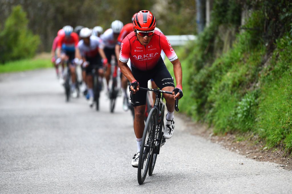 LA TURBIE FRANCE FEBRUARY 19 Nairo Alexander Quintana Rojas of Colombia and Team Arka Samsic attacks during the 54th Tour Des Alpes Maritimes Et Du Var Stage 2 a 1491km stage from PugetThniers to La Turbie on February 19 2022 in La Turbie France Photo by Dario BelingheriGetty Images