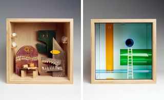 Two side-by-side photos of artistic interpretations of a dolls’ house in square, wooden boxes by several London-based design studios. The first box features three different coloured monsters, shelving with white plates and cups and a table with food on top. And the second box features a mirrored interior, a ladder and blue, green and orange tubes in different sizes
