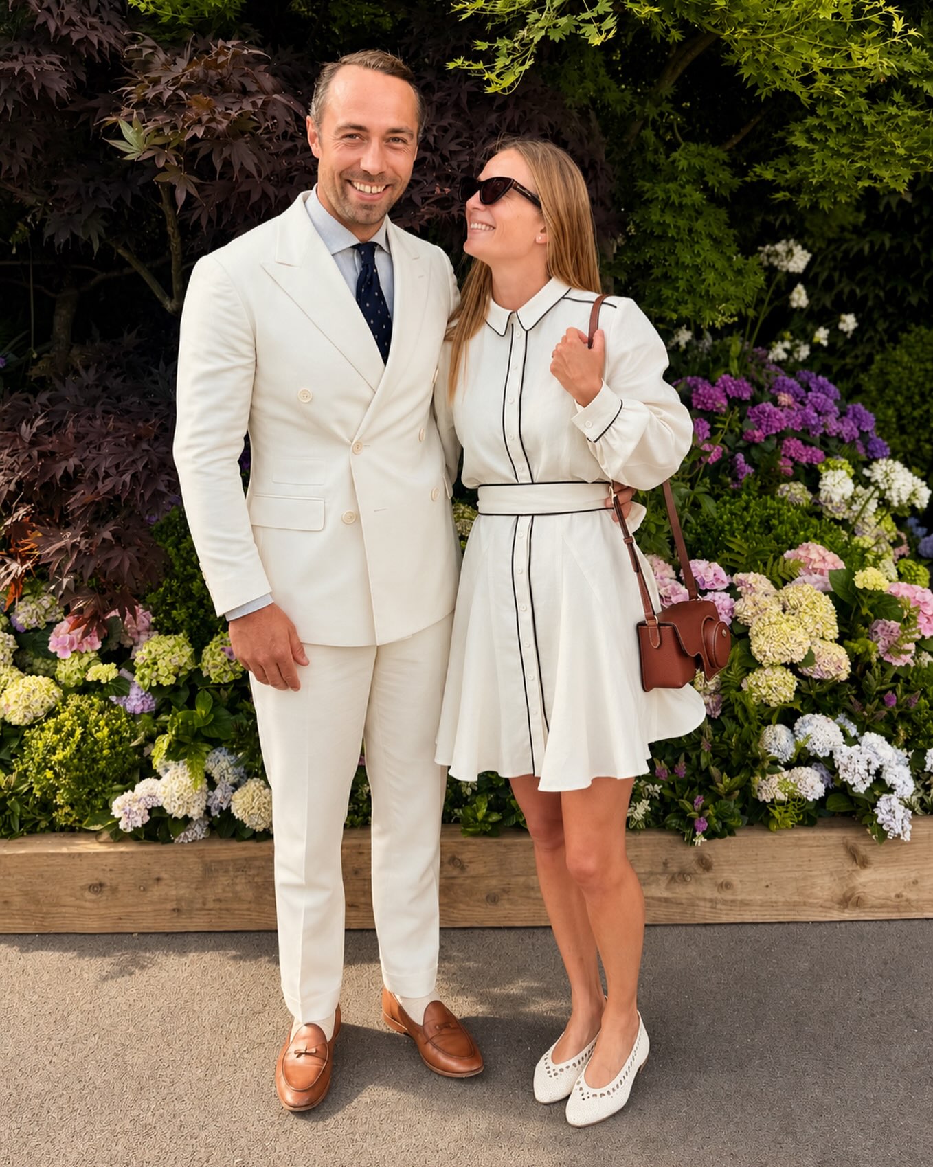 Alizee Thevenet wears French brands Sezane and Longchamp at the Wimbledon Women's Singles Final, posing with husband James Middleton who wears a cream suit