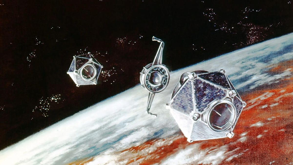 a dodecahedron-shaped satellite in orbit above earth