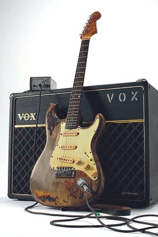 A 1961 Fender Stratocaster electric guitar, Vox AC30 amplifier and Rangemaster treble booster owned by the late Irish musician Rory Gallagher, photographed during a studio shoot for Guitarist Magazine, March 1, 2012.