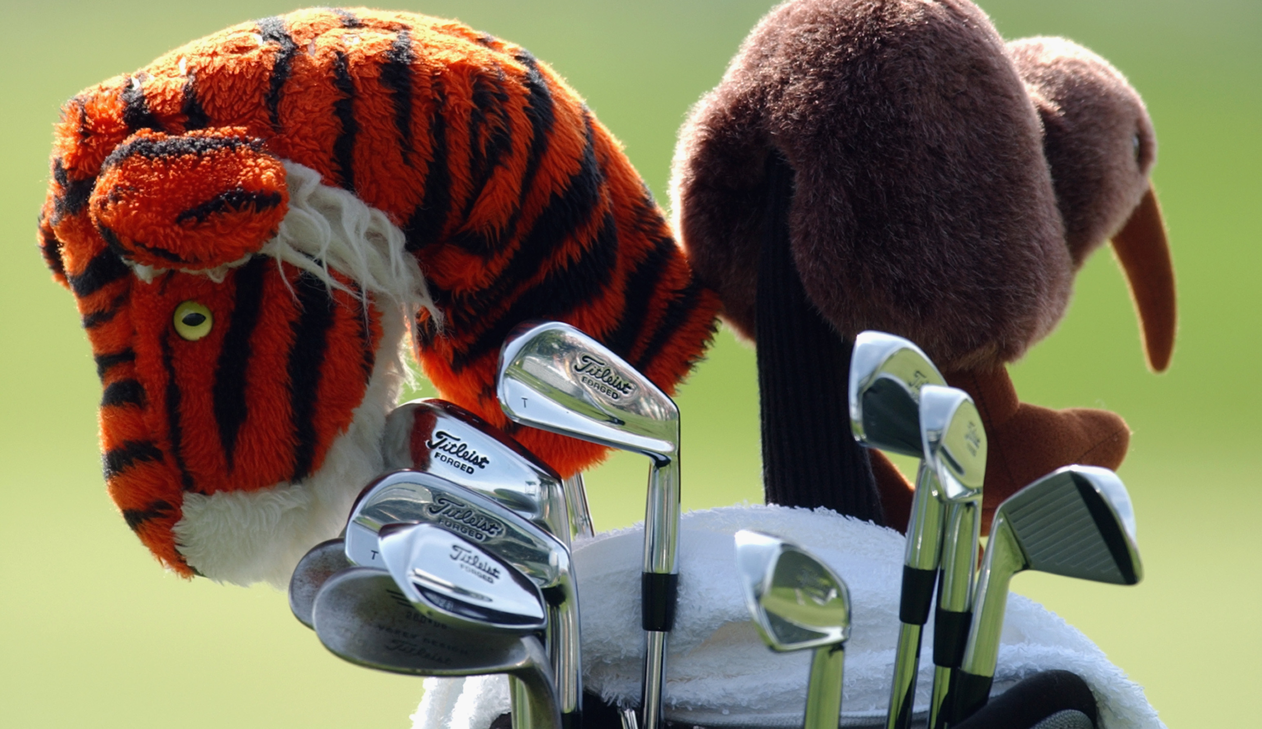 A close-up of Tiger Woods golf bag at the PGA Championship in 2002