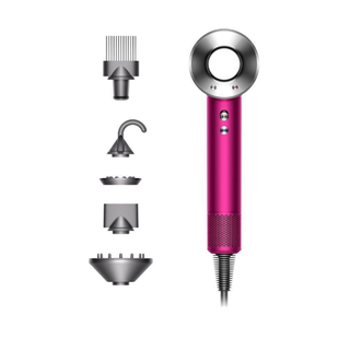dyson hair dryer in fuchsia with different head attachments