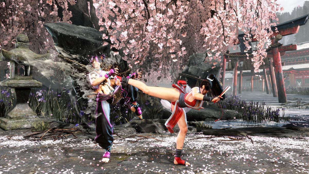 Mai Shiranui kicking Juri in Street Fighter 6