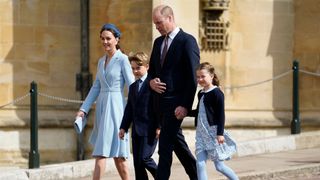Prince William, Catherine, Princess of Wales and Prince George and Princess Charlotte attend the Easter Matins Service at St George's Chapel at Windsor Castle on April 17, 2022 in Windsor, England.