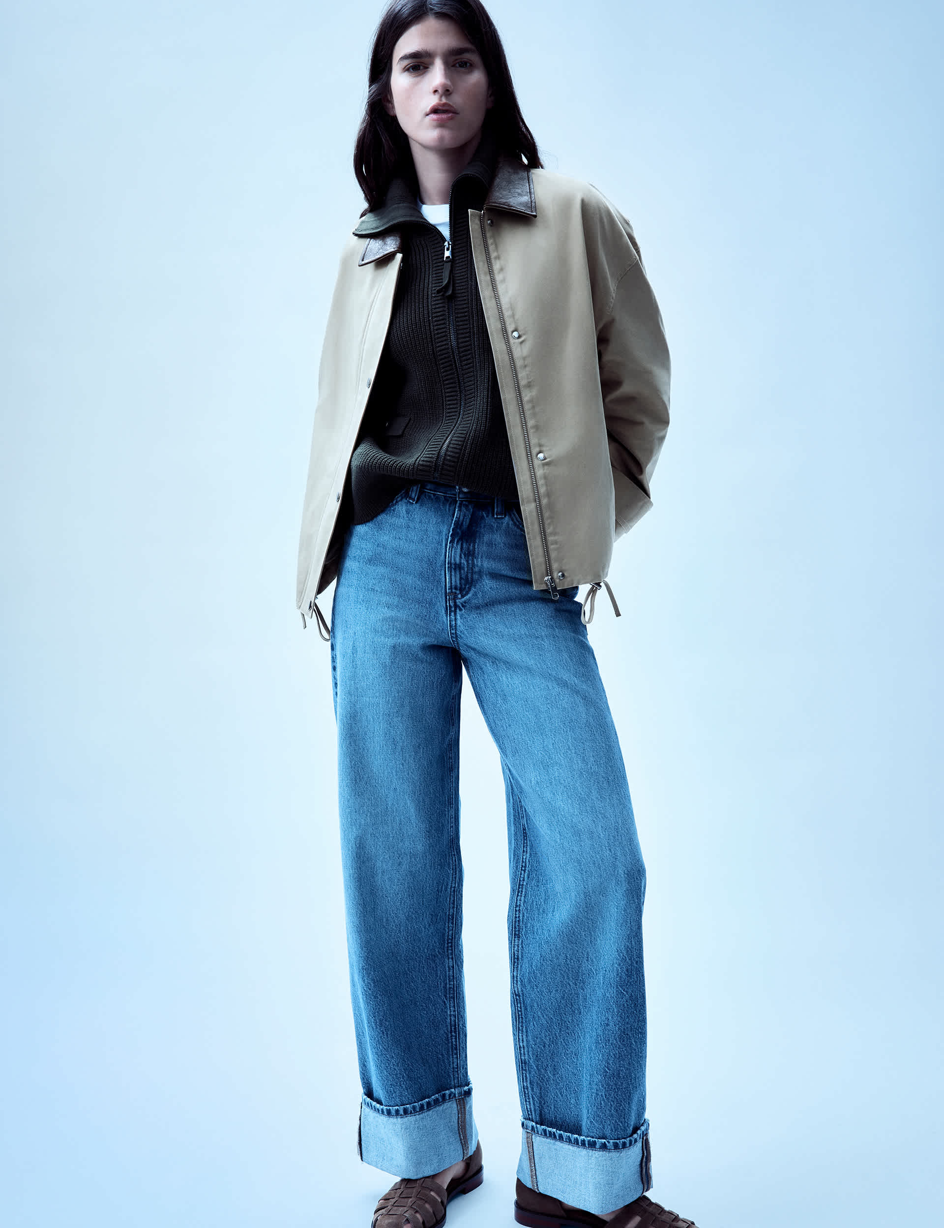 High Waisted Wide Leg Turn Up Jeans